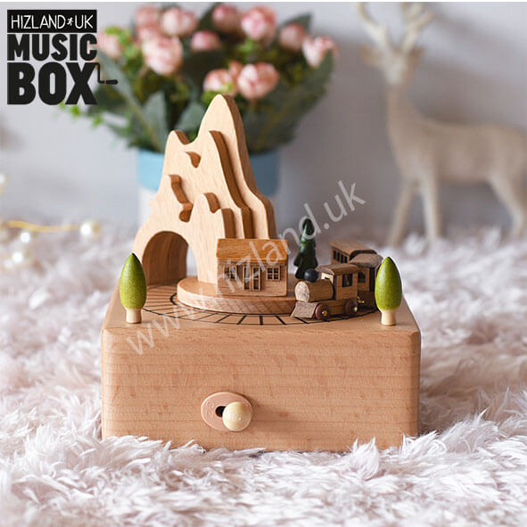 Wooden Train Music Box | Wind Up Musical Carousel